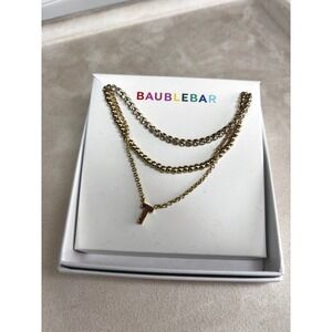 BaubleBar Kenna Gold Tone Layered Necklace Initial T Charm Delicate Necklace